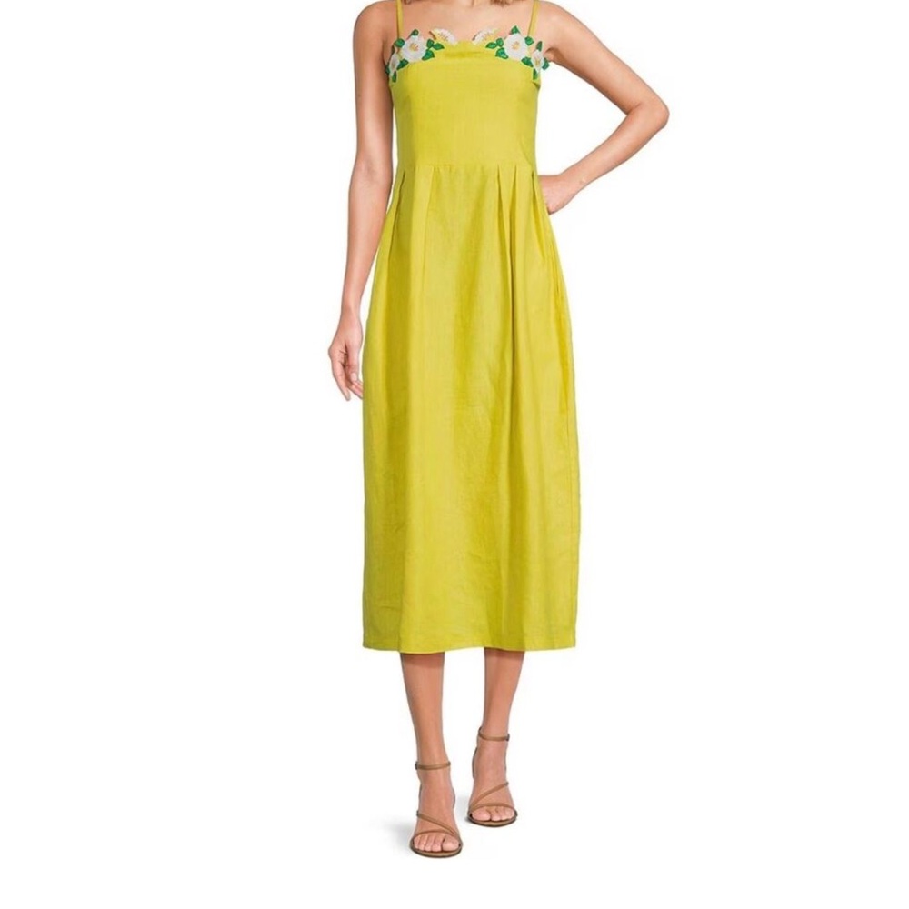 Fanm Mon Bright Lime Midi Dress with Floral Trim